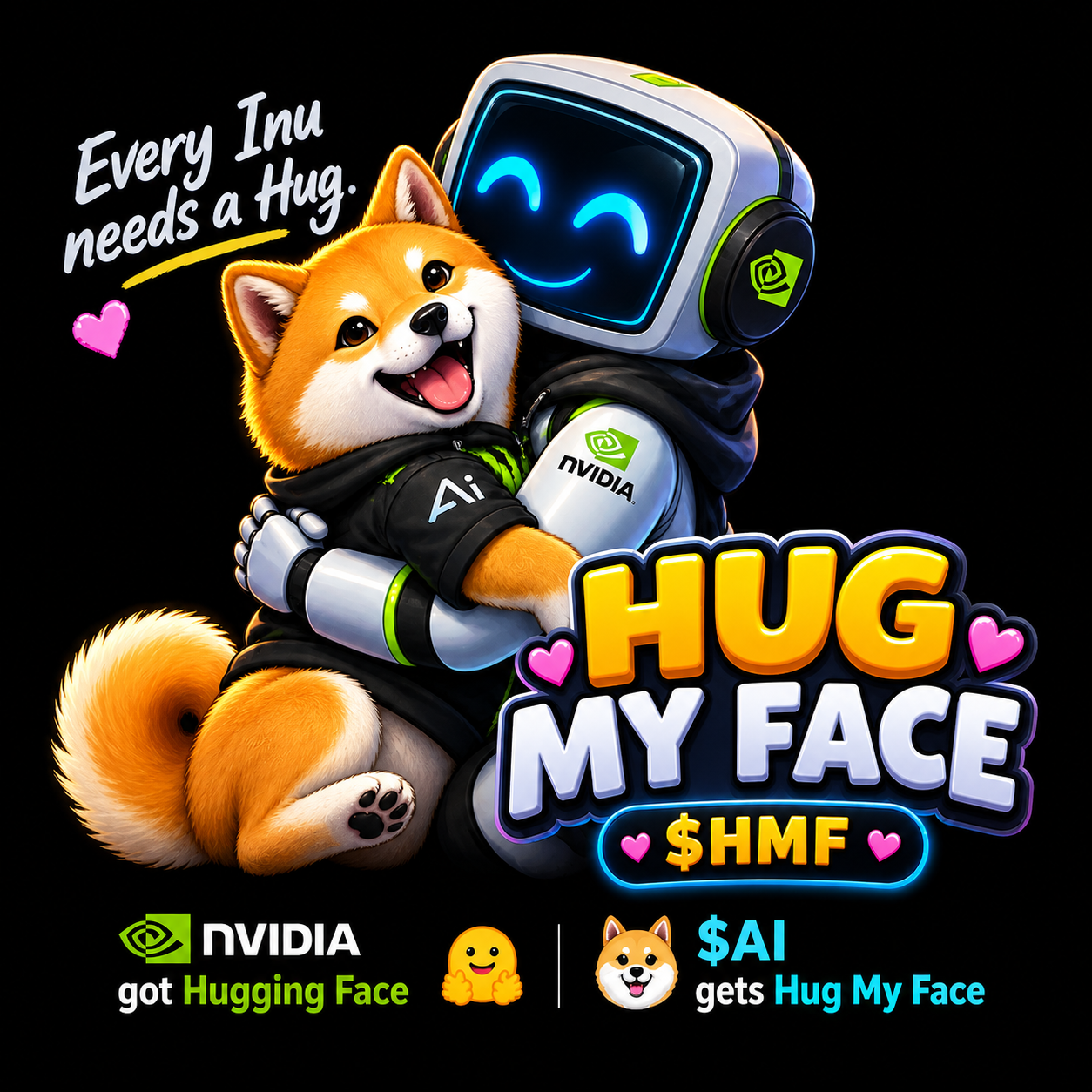 Original HMF artwork showing an AI computer hugging a Shiba Inu-style dog with HMF branding and tagline